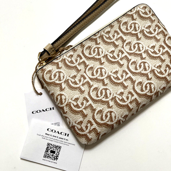 NWT COACH Corner Zip Wristlet Monogram Print CF548 Chalk Signature Wallet Brown - Picture 1 of 5